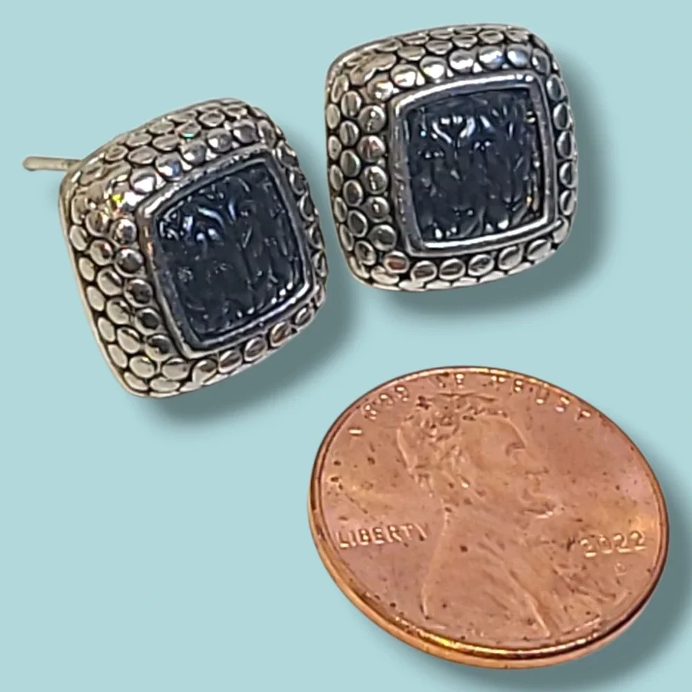 Chunky‎ Molded Glass Silver Tone Caviar Stud Earrings